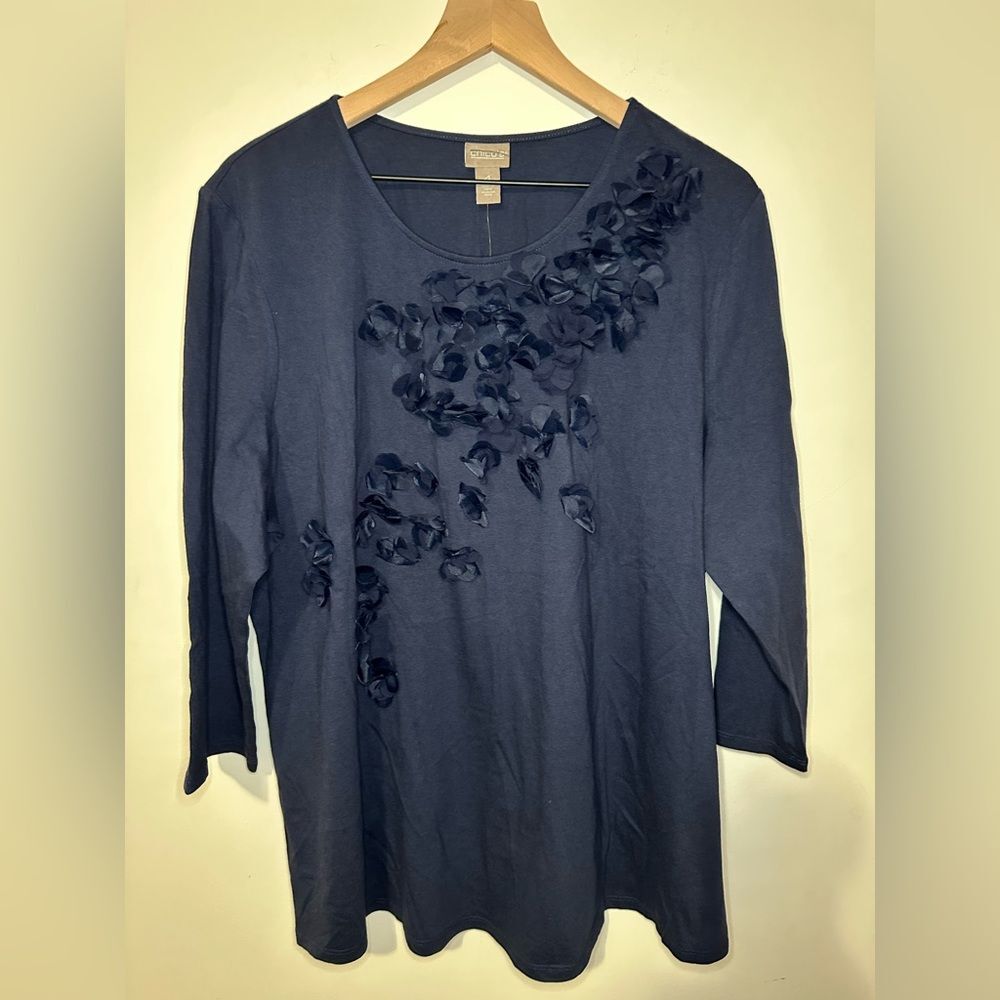 Chico’s Floral Appliqué Scoop Neck Long Sleeve Blouse SZ 4 Long Sleeve Midnight